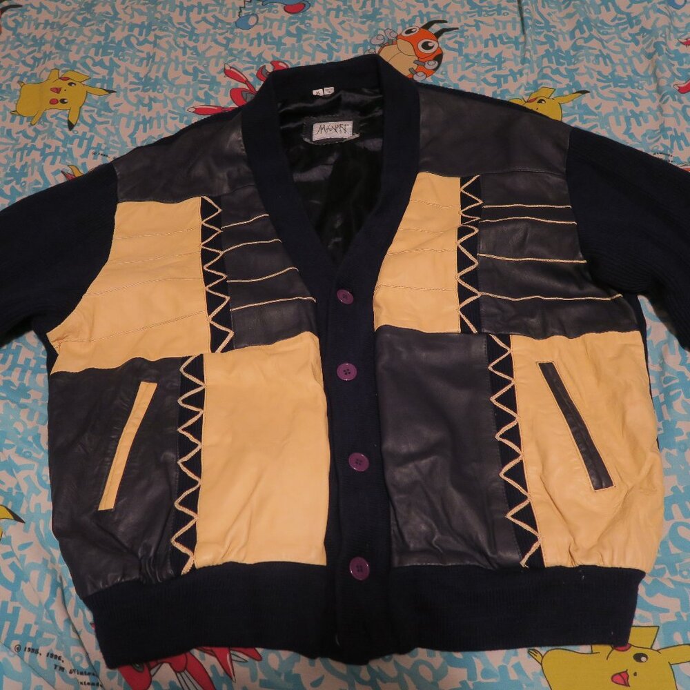 VTG ManArt Leather Heavyweight Cardigan Patchwork Sweater Mens XL Blue Yellow